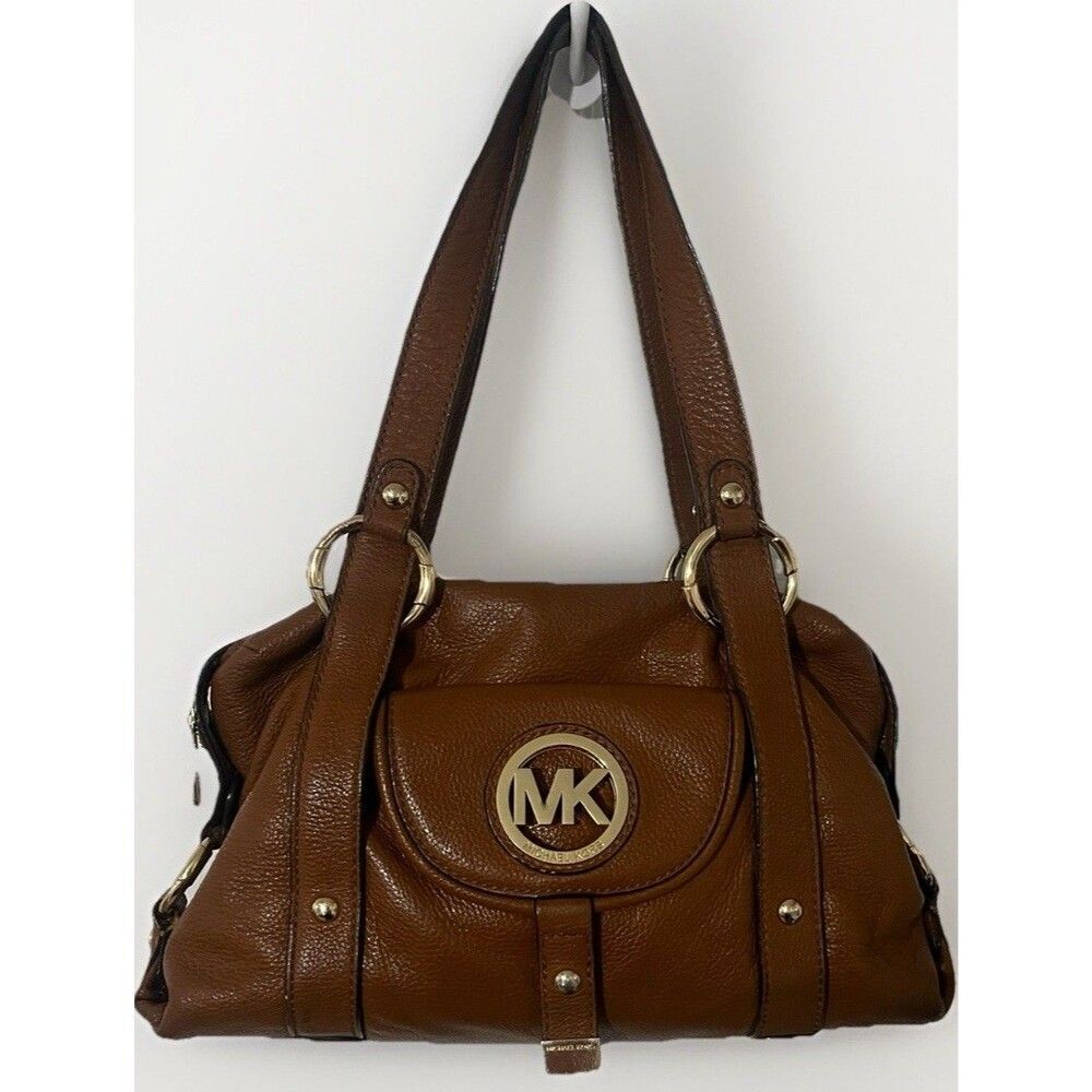 Michael Kors Fulton Satchel Luggage Brown Pebbled Leather Gold MK Logo Hand Bag